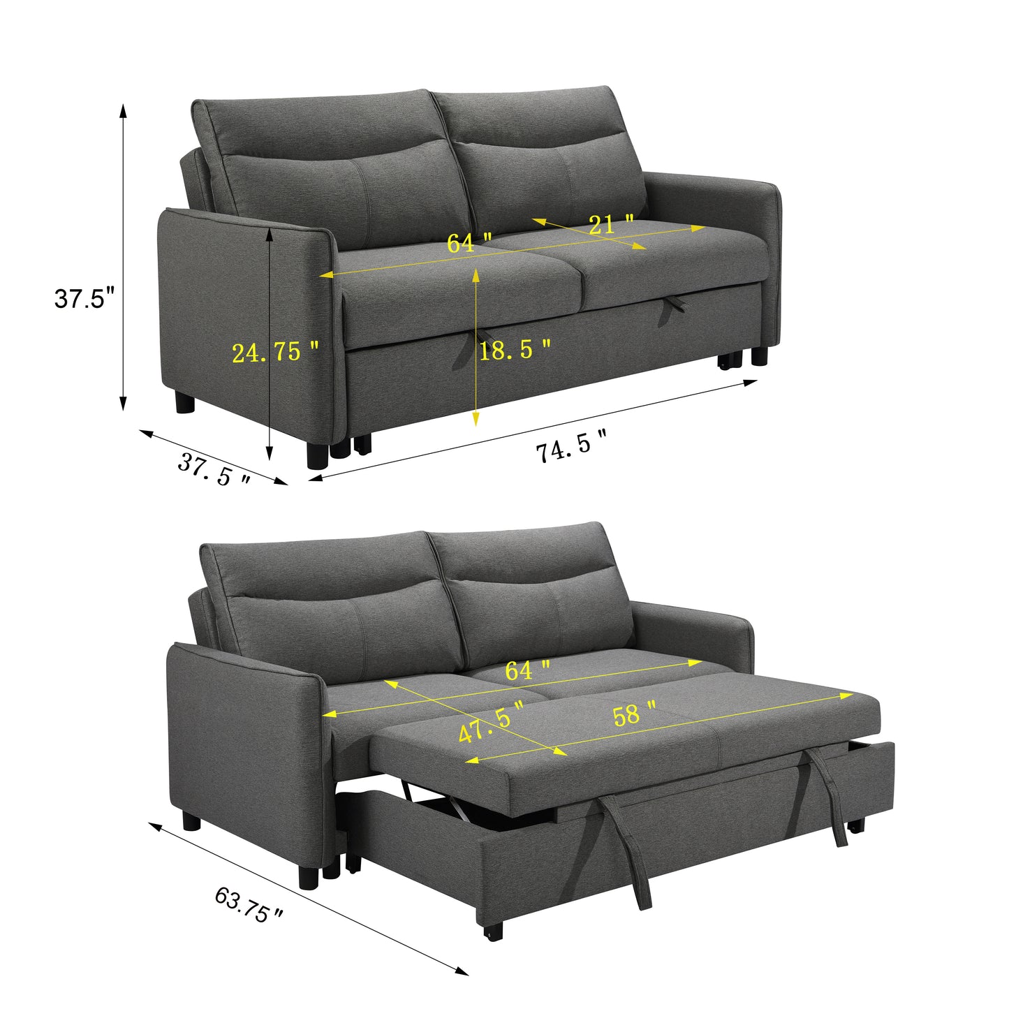 3 in 1 Convertible Sleeper Sofa Bed, Modern Fabric Loveseat Futon with Pullout Bed, Grey