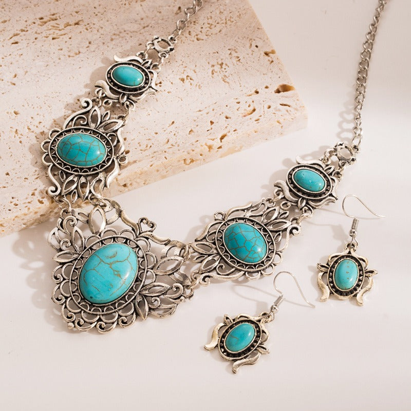 Exaggerated Necklace, Women's Alloy, Premium Feeling, Temperament Earrings, Necklace, Retro Turquoise Pattern, Collar Chain Set