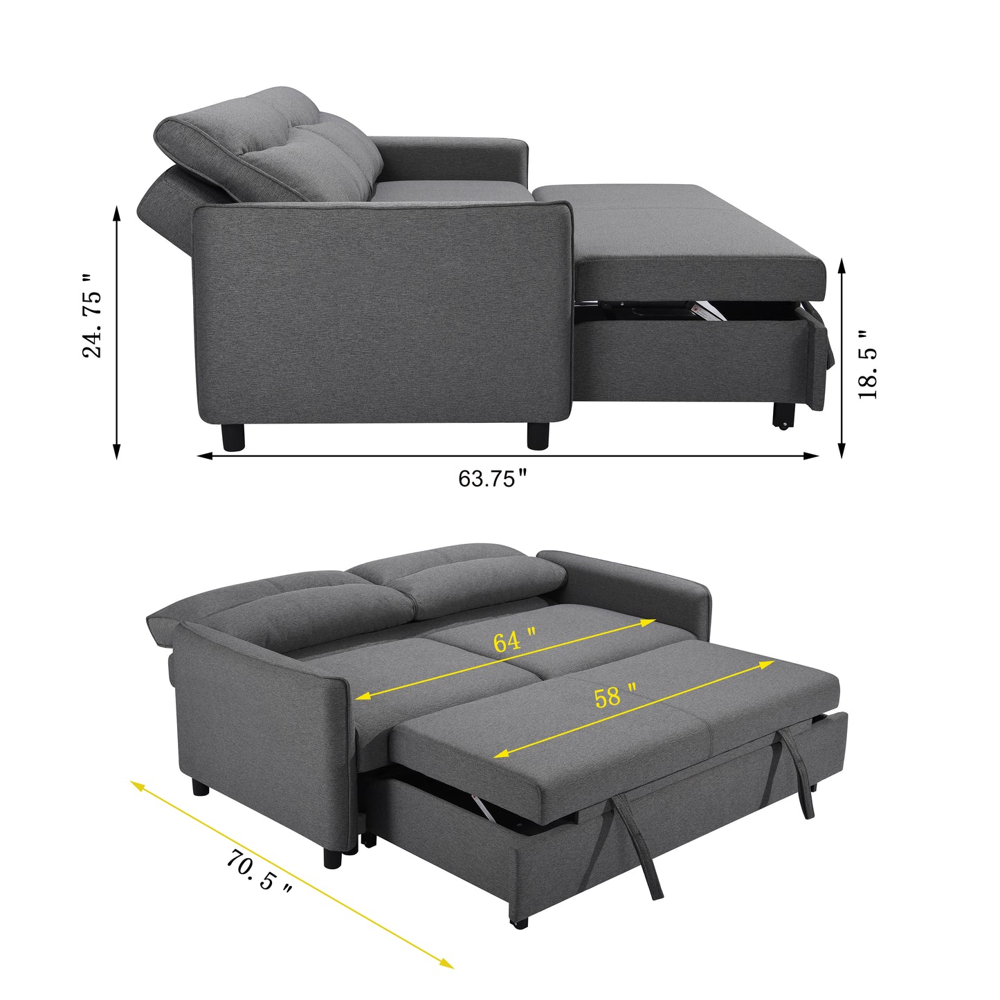 Sofá cama convertible 3 en 1, futón de dos plazas de tela moderno con cama extraíble, gris