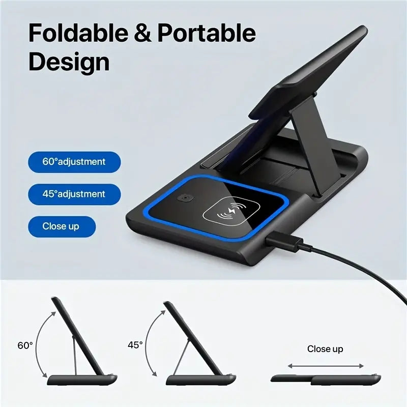 3-in-1 Fast Wireless Charger Stand for iPhone 14/13/12/11/X, iWatch 8/7, and AirPods - Foldable 15W Charging Dock Station