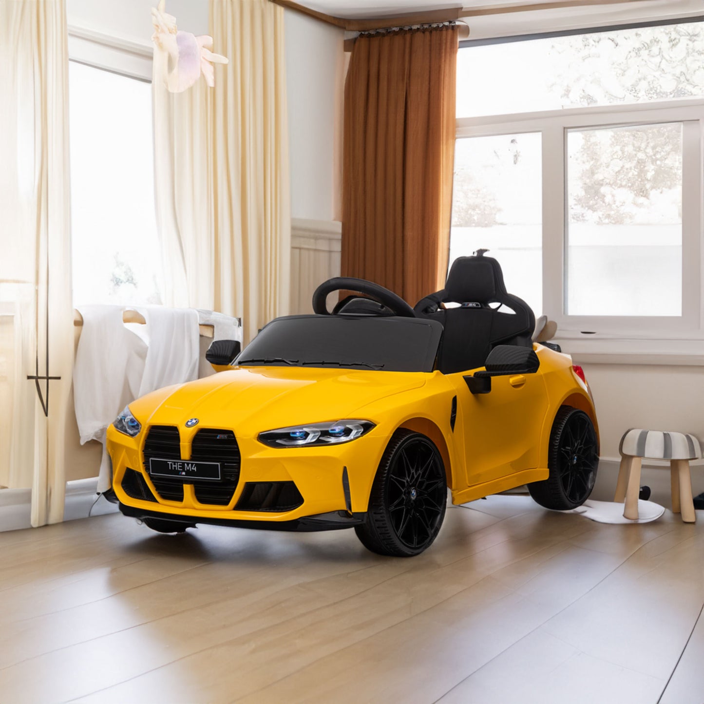 BMW M4 12V Ride-On Car: Yellow, Remote-Controlled, Adjustable Speed