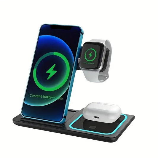 3-in-1 Fast Wireless Charger Stand for iPhone 14/13/12/11/X, iWatch 8/7, and AirPods - Foldable 15W Charging Dock Station