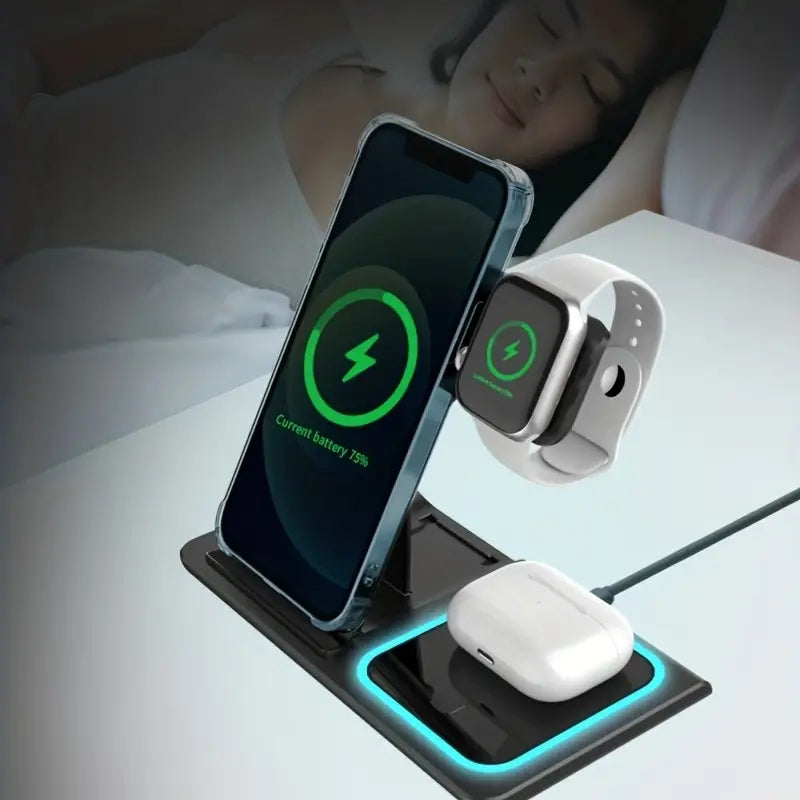 3-in-1 Fast Wireless Charger Stand for iPhone 14/13/12/11/X, iWatch 8/7, and AirPods - Foldable 15W Charging Dock Station