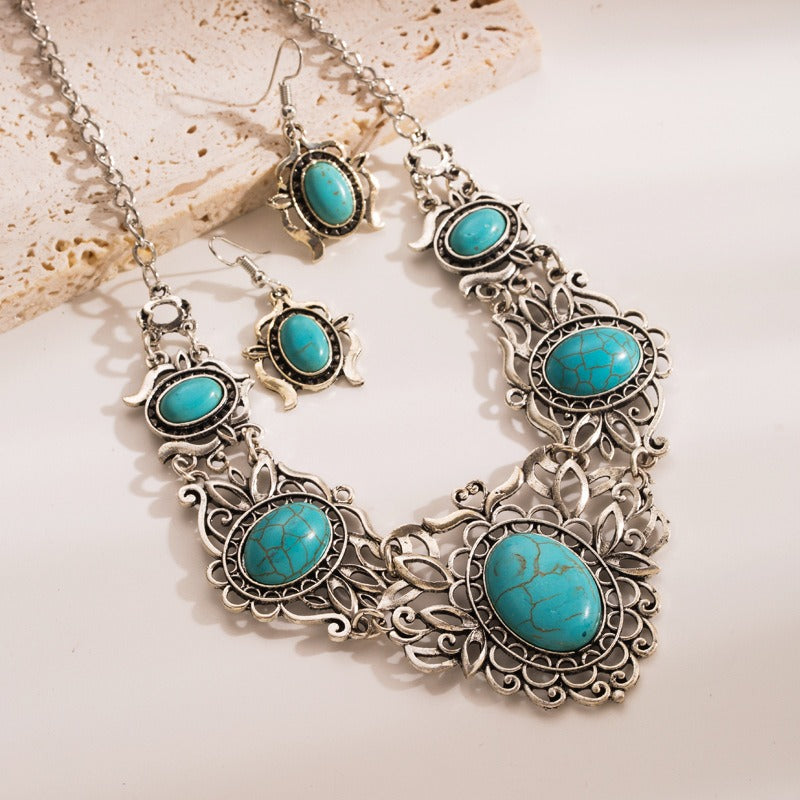 Exaggerated Necklace, Women's Alloy, Premium Feeling, Temperament Earrings, Necklace, Retro Turquoise Pattern, Collar Chain Set