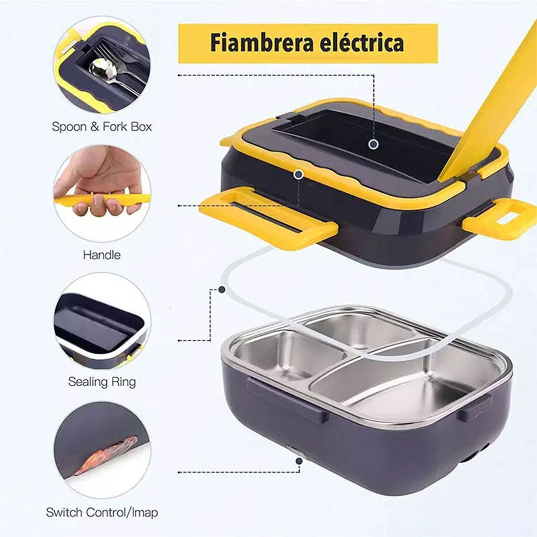 Fiambrera eléctrica portátil de 1,5 L - Juego de utensilios de cocina de acero inoxidable con bolsa aislante para coche y camión