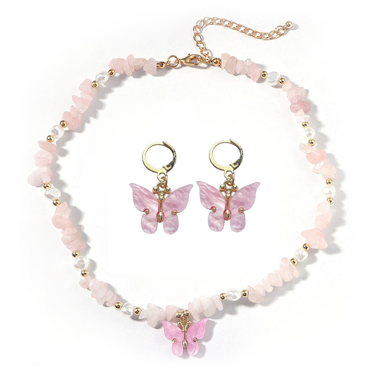 Enchanted Forest Butterfly Jewelry Set - Stone & Resin Clavicle Chain and Earrings