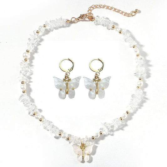 Enchanted Forest Butterfly Jewelry Set - Stone & Resin Clavicle Chain and Earrings