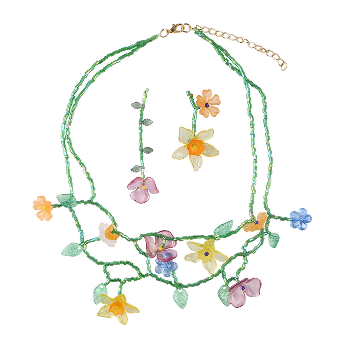 Vibrant Summer Resin Flower Necklace & Asymmetric Beaded Earrings Set