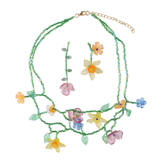 Conjunto de collar de flores de resina de verano vibrante y aretes asimétricos con cuentas