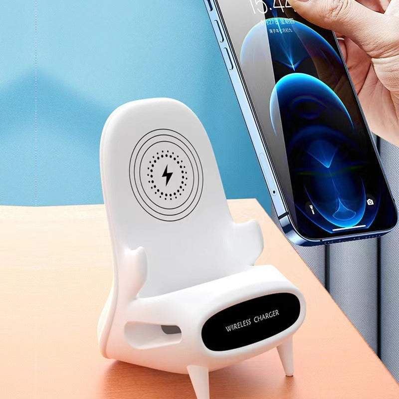 Epsilon 10W Fast-Charging Wireless Charger with Portable Mini Chair, Mobile Phone Holder, and Bracket Speaker