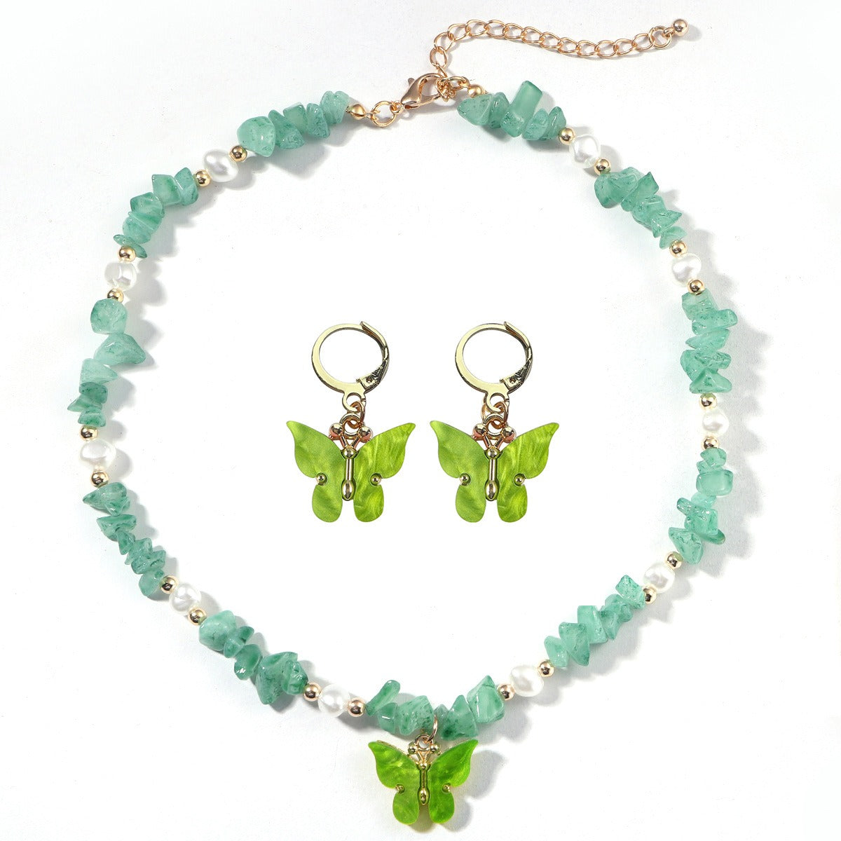 Enchanted Forest Butterfly Jewelry Set - Stone & Resin Clavicle Chain and Earrings