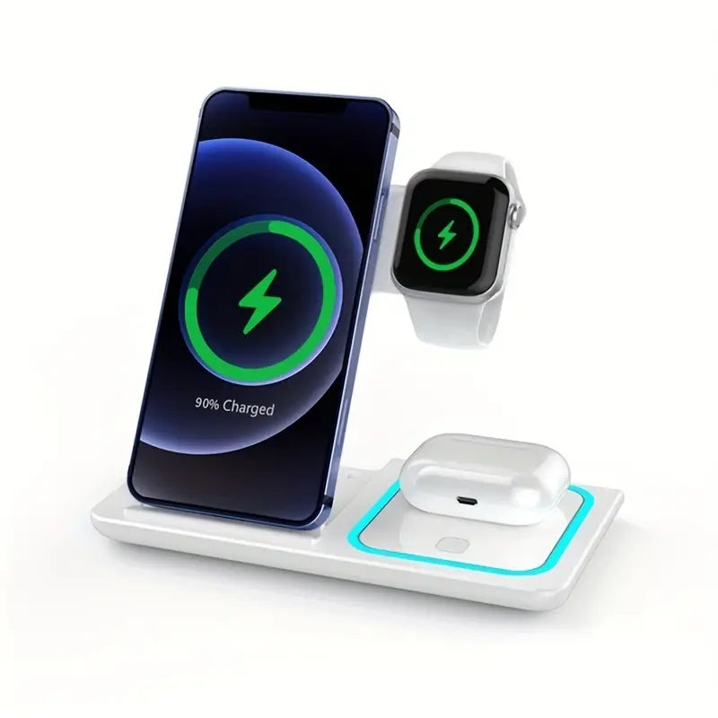 3-in-1 Fast Wireless Charger Stand for iPhone 14/13/12/11/X, iWatch 8/7, and AirPods - Foldable 15W Charging Dock Station